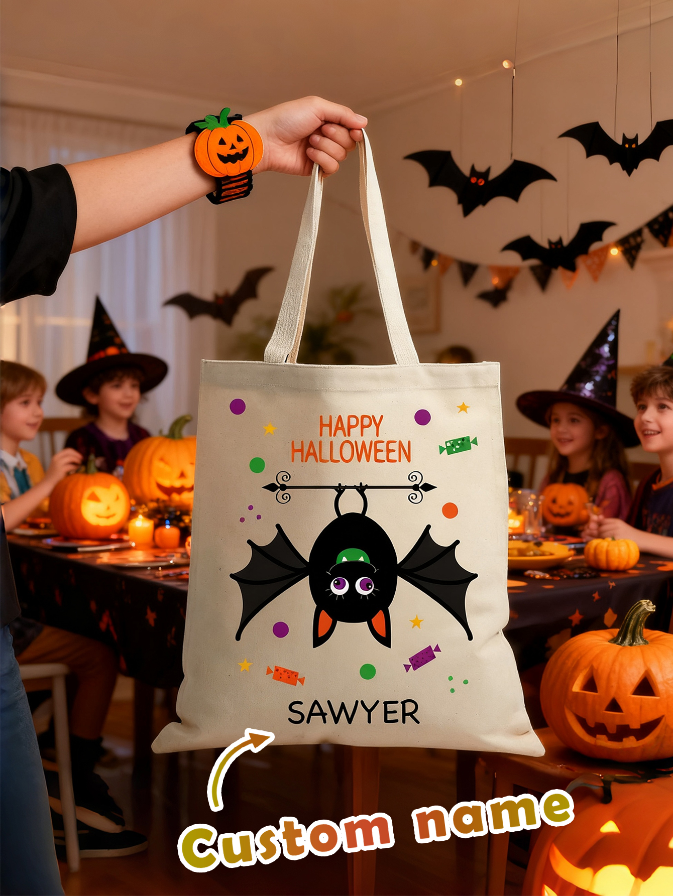 Bat Personalized Halloween Canvas Tote
